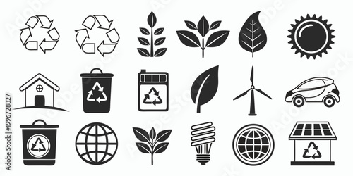 Set of sustainable living and green technology icons with sustainability environment recycling renewable conservation protection electric collection monochrome isolated industry