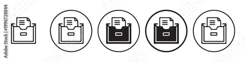 Set of vector file cabinet icons in various styles including outline and solid fill within circles.