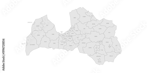 Latvia political map of administrative divisions - municipalities and cities. Grey map with thin black outline and labels.