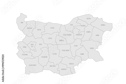 Bulgaria political map of administrative divisions - provinces and regions. Grey map with thin black outline and labels.