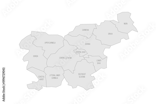Slovenia political map of administrative divisions - statistical regions. Grey map with thin black outline and labels.