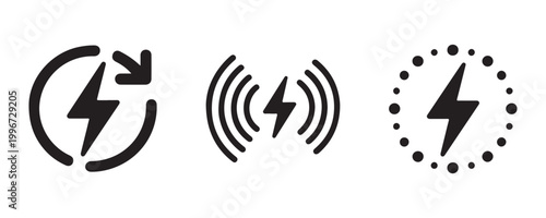 Wireless charging icon set with electricity bolt symbol in circle for modern electronic smartphone.