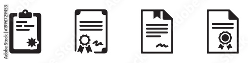 Set of black contract and document icons with ribbons and seals representing legal business paperwork.