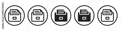 Set of printer scanner icons in circles with different styles outline solid and filled for document management.