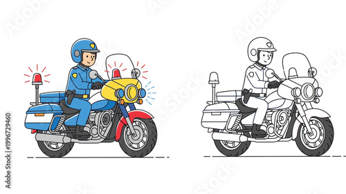 Police officer riding motorcycle cartoon illustration. Set of colored and black and white line art outline versions for coloring book page.