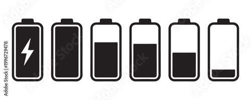 Battery charge level indicator icons set with lightning bolt for mobile phone user interface system.