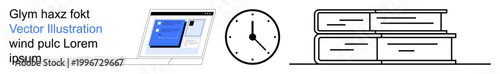 Online education, time tracking, productivity, academic planning, virtual learning, and study management. A monitor, clock and books. Online education and time tracking concepts
