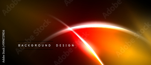 Abstract design features vibrant orange, red glows. Dark background emphasizes bright lines, curves. Modern aesthetic, dynamic composition.