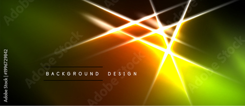 Bright abstract design features vibrant yellow, orange, green gradients. Lines intersect creating dynamic light effects. Dark background enhances luminosity.