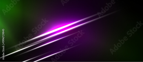 Abstract background features vibrant green, purple lines. Diagonal streaks create dynamic visual effect. Dark areas provide contrast.