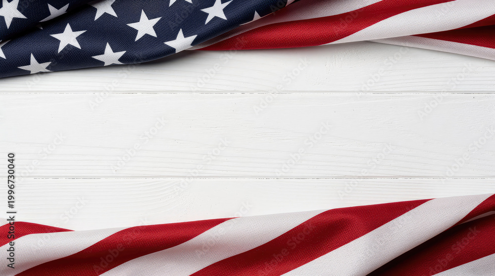 Fototapeta premium American flag fabric draped at the and bottom edges over a white wooden plank background, creating a central, horizontal space for, text display