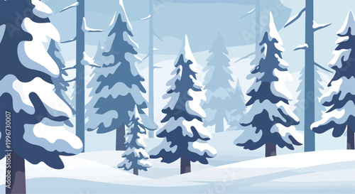 Snowy forest scene with coniferous trees