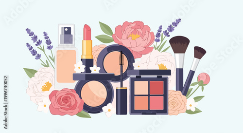 A colorful arrangement of makeup products and flowers