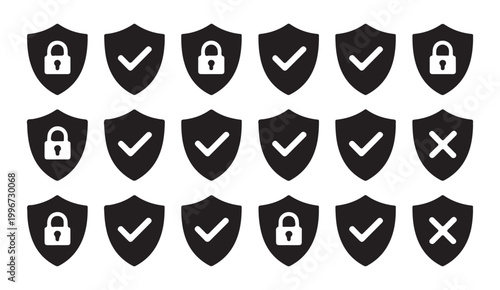 Shield security icons with padlocks and checkmarks indicating protection and safety status.
