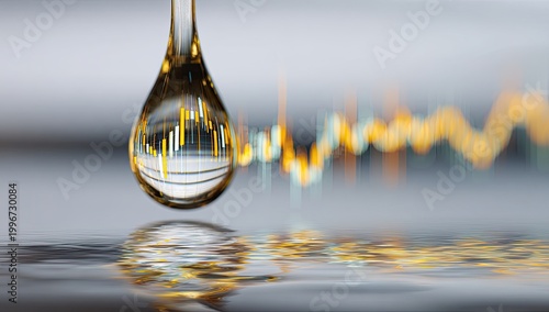 A single drop of liquid reflects a financial chart, symbolizing market volatility and resource value.