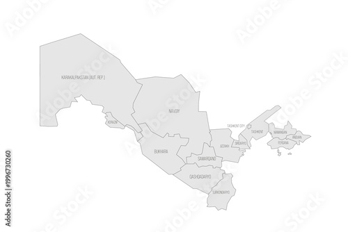 Uzbekistan political map of administrative divisions - regions, autonomous republic of Karakalpakstan and independent city of Tashkent. Grey map with thin black outline and labels.