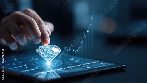 A hand interacts with a digital diamond projected above a tablet displaying a rising stock chart.