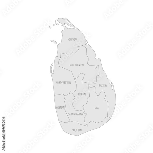 Sri Lanka political map of administrative divisions - provinces. Grey map with thin black outline and labels.