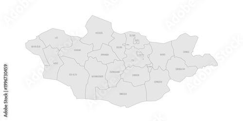 Mongolia political map of administrative divisions - provinces and khot Ulaanbaatar. Grey map with thin black outline and labels.