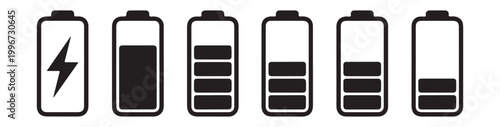 Battery status indicator icons set showing various charge levels for mobile application design ui.