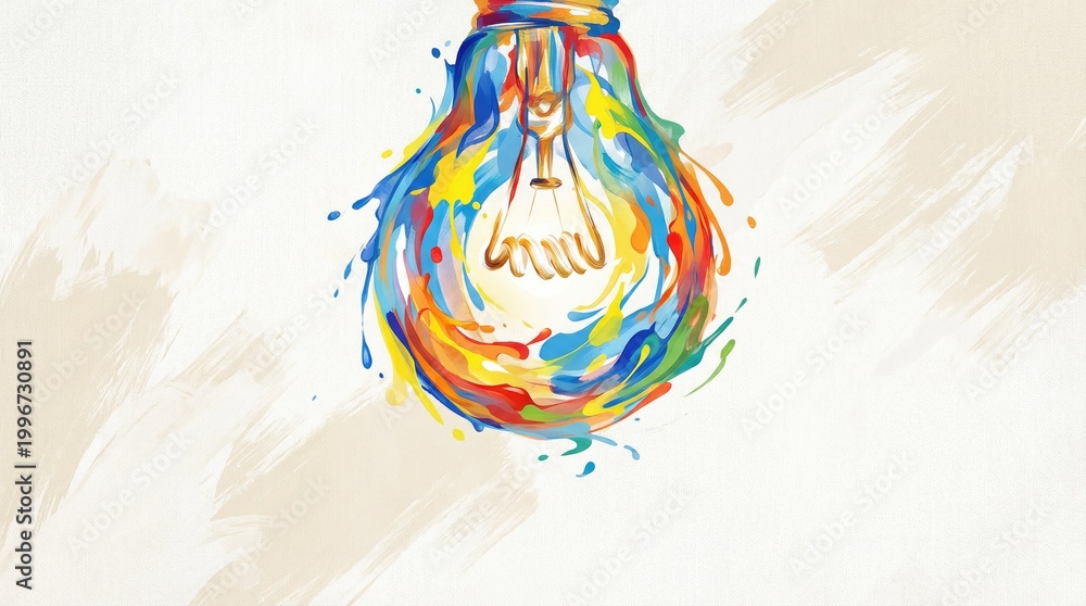 Fototapeta premium Light bulb with flowing colorful paint splashes and swirling liquid textures on a white background, representing inspiration and, bright concepts
