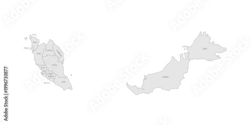 Malaysia political map of administrative divisions - states and federal territories. Grey map with thin black outline and labels.