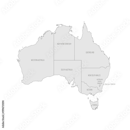 Australia political map of administrative divisions - states and teritorries. Grey map with thin black outline and labels.