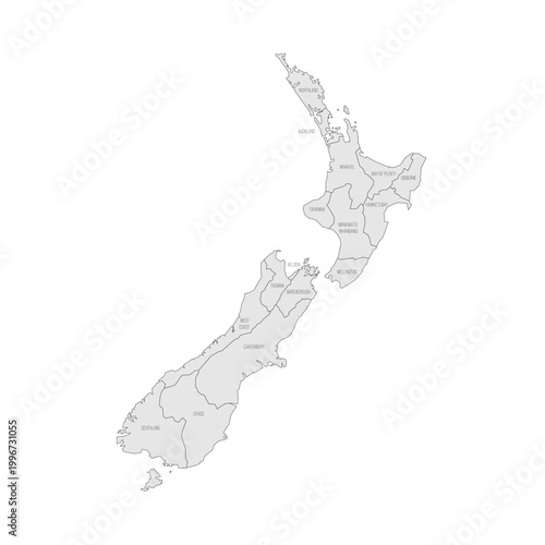New Zealand political map of administrative divisions - regions. Grey map with thin black outline and labels.