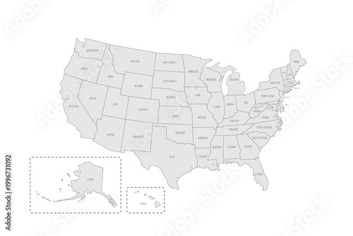 United States of America political map of administrative divisions - states and federal district Washington, D.C. Grey map with thin black outline and labels.
