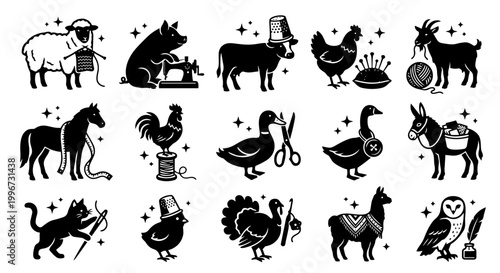 A collection of whimsical black and white vector icons featuring various farm animals, a cat, and an owl engaged in traditional crafts and hobbies.