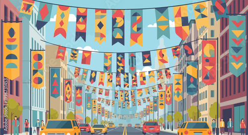 Foto A vibrant city street decorated with colorful flags