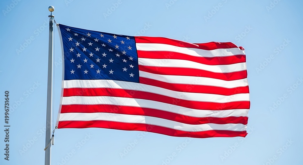 Obraz premium The American flag waving in the wind on a clear blue sky day