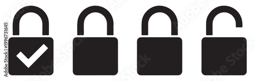 Set of security lock icons with checkmark and unlocked symbols for user interface design projects.