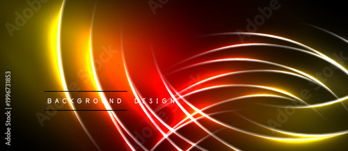 Abstract neon lines over black background. Vibrant yellow, orange, red gradients create dynamic visual effect. Modern design element.