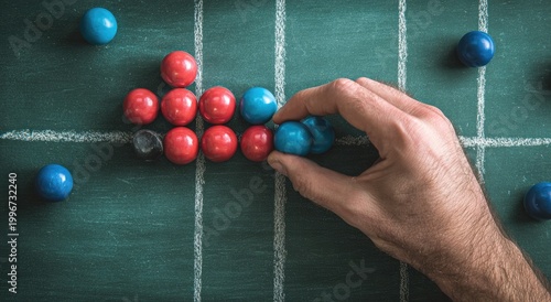 Hand moves blue pieces on chalk-drawn grid, representing strategic gameplay
