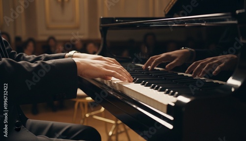 A pianist playing a grand piano during a concert. Focus is on his hands on the keys