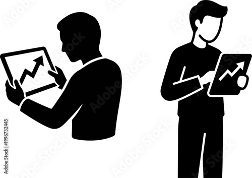 Business men looking at digital tablet screens with growing financial profit chart graphs