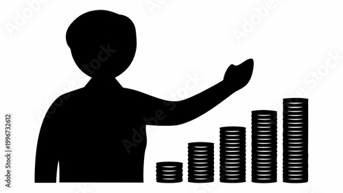 Black silhouette vector of person stacking coins symbolizing financial growth and savings