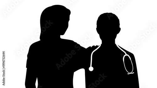 Doctor comforting patient with stethoscope in black silhouette on white background