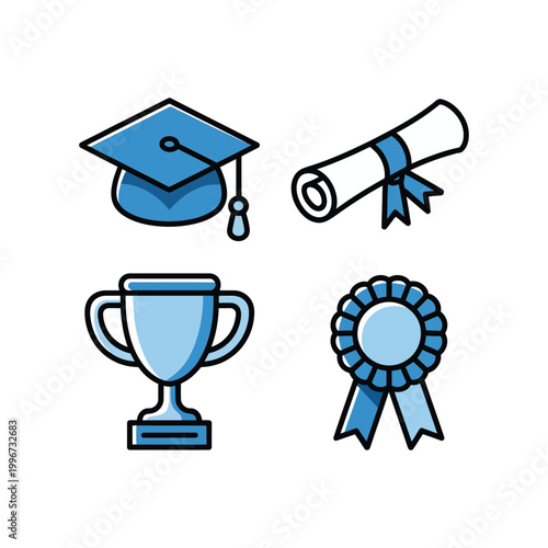 Graduation cap icon with diploma, trophy and rosette on white background