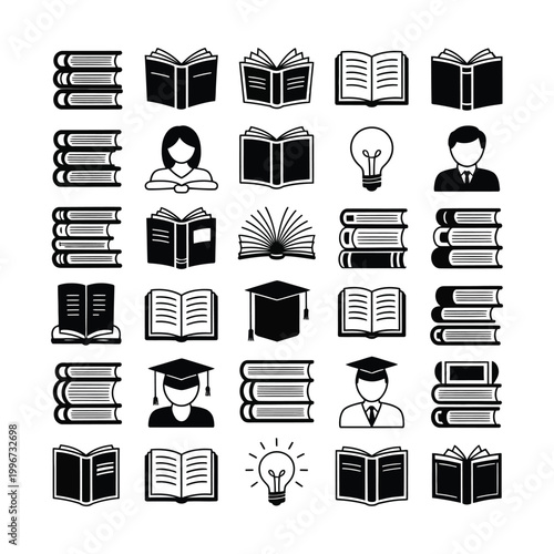 Book icon set with graduation caps and light bulbs on white background