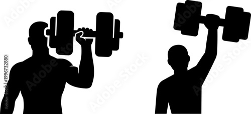 Black silhouette of a muscular man lifting heavy dumbbells for fitness and bodybuilding