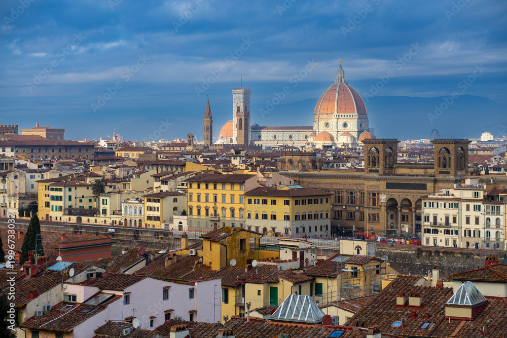 Fototapeta premium Italian city Florence skyline with old famous landmarks on a cloudy sky