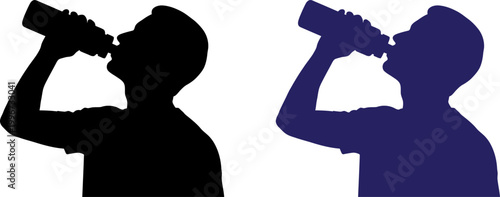 Silhouette of men drinking water from a plastic bottle