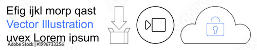 Cloud storage, data protection, file sharing, digital security, media services, storage solutions. Icons include a download box, video symbol and a locked cloud. Cloud storage and data protection