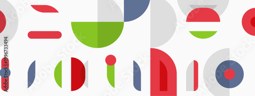 Abstract geometric shapes form colorful pattern. Circles, rectangles overlap creating modern design. Bright hues dominate composition.