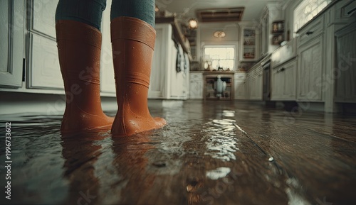 Orange boots stand in flooded kitchen, reflecting light