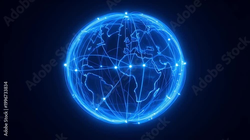 Abstract globe animation showing glowing connections and digital networks representing global communications technology in space.