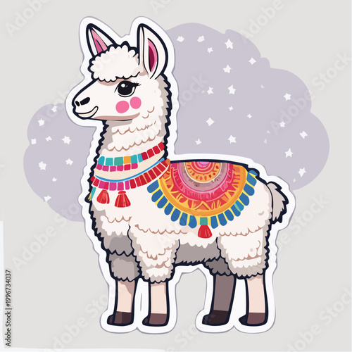 Cute cartoon llama with colorful blanket