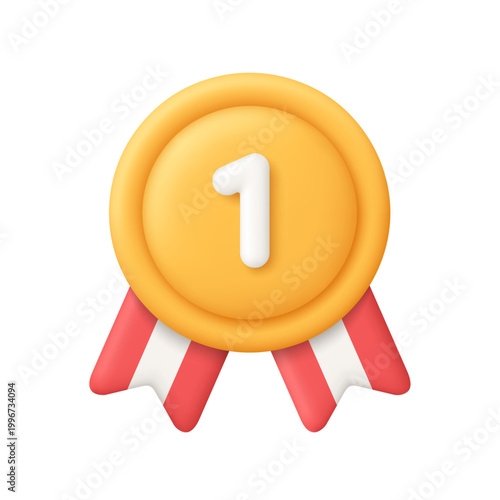 Foto Golden medal badge with the number one and red ribbons
